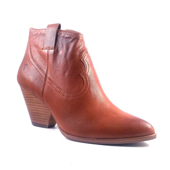 Frye Cognac Brown Reina Leather Booties Pointed Toe Ankle Boot Shoe Size 8.5M - Picture 1 of 16
